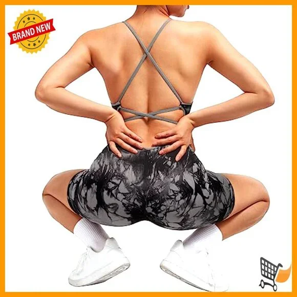 Strappy Backless Romper Seamless Jumpsuit Tummy Control Padded Sports Bra - Picture 4 of 6